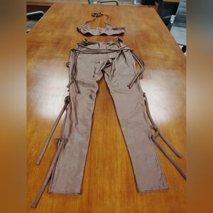 New omen's Fashion Nova Sexy Brown Tie Detail Pants & Bikini Top Size Large